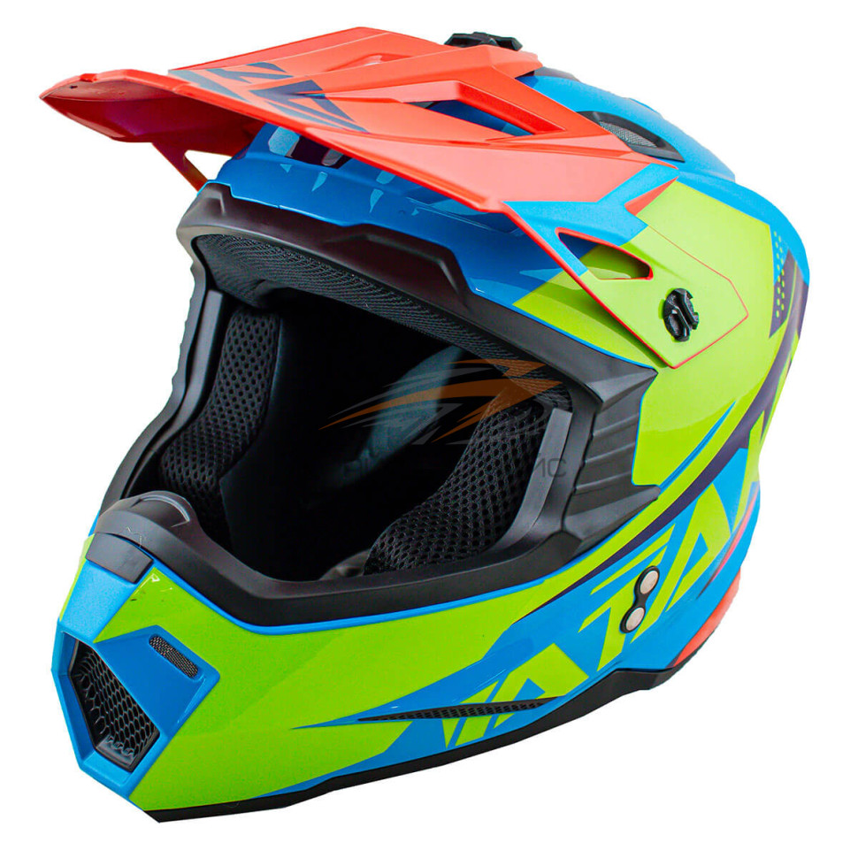 Шлем кроссовый ATAKI JK801 Splash (красный/синий/Hi-Vis зеленый), глянцевый
